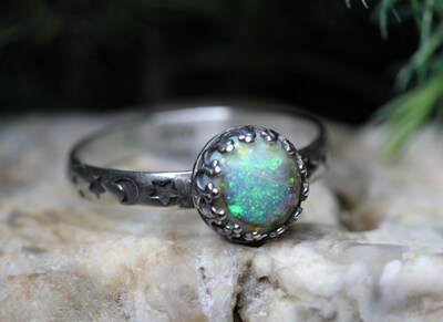 Opal Ring * Solid Sterling Silver Ring* Moon and Stars Pattern Band * 8mm Full Moon * 14x10mm* Monarch Opal *  Any Size - image3